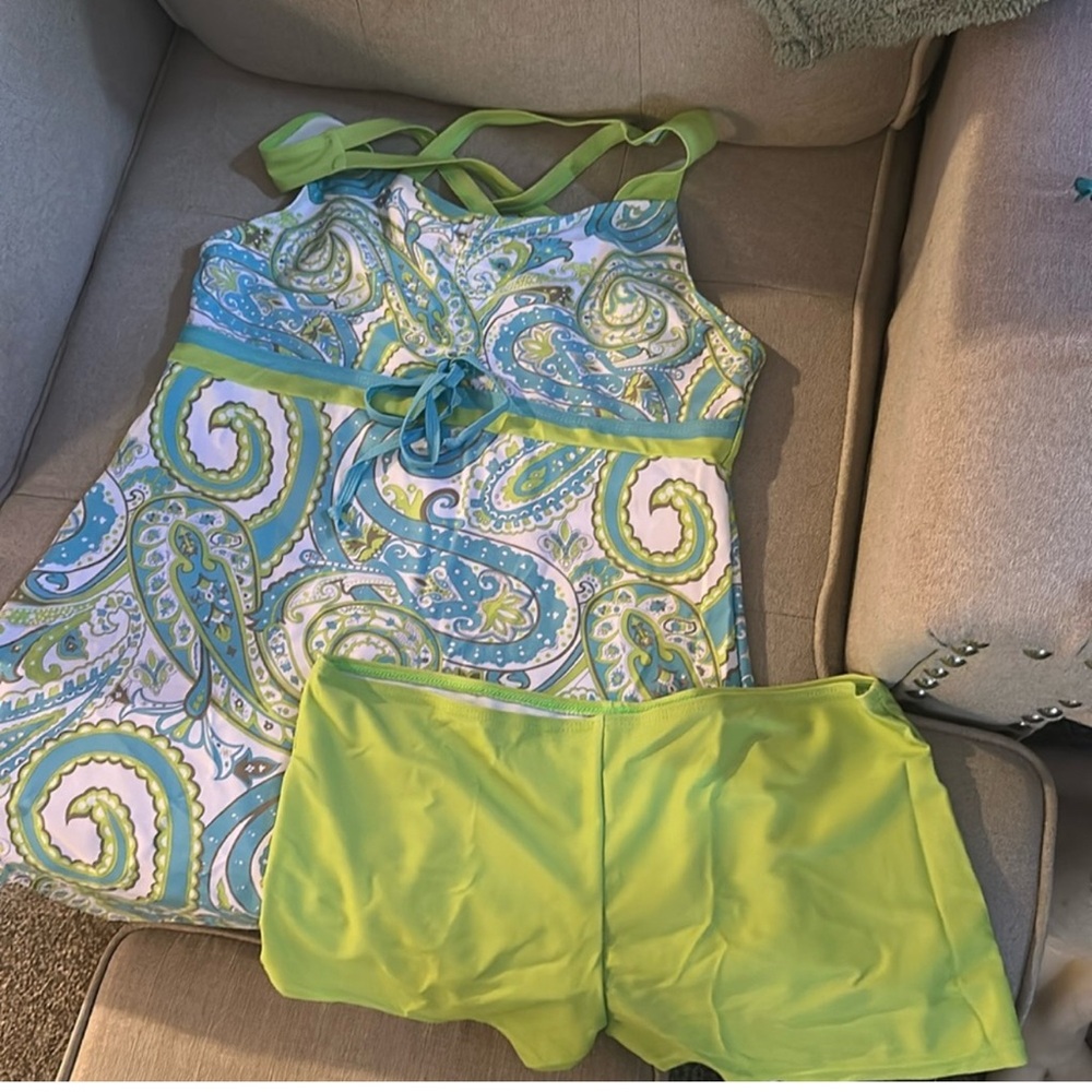 Green and Blue Paisley Tankini Set